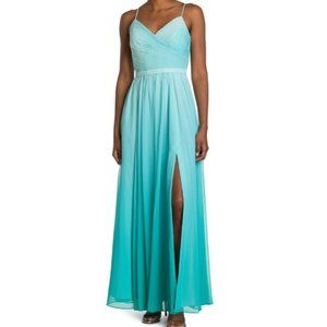 Calvin Klein Dip Dye Ruched Chiffon Gown In Viridian Blue